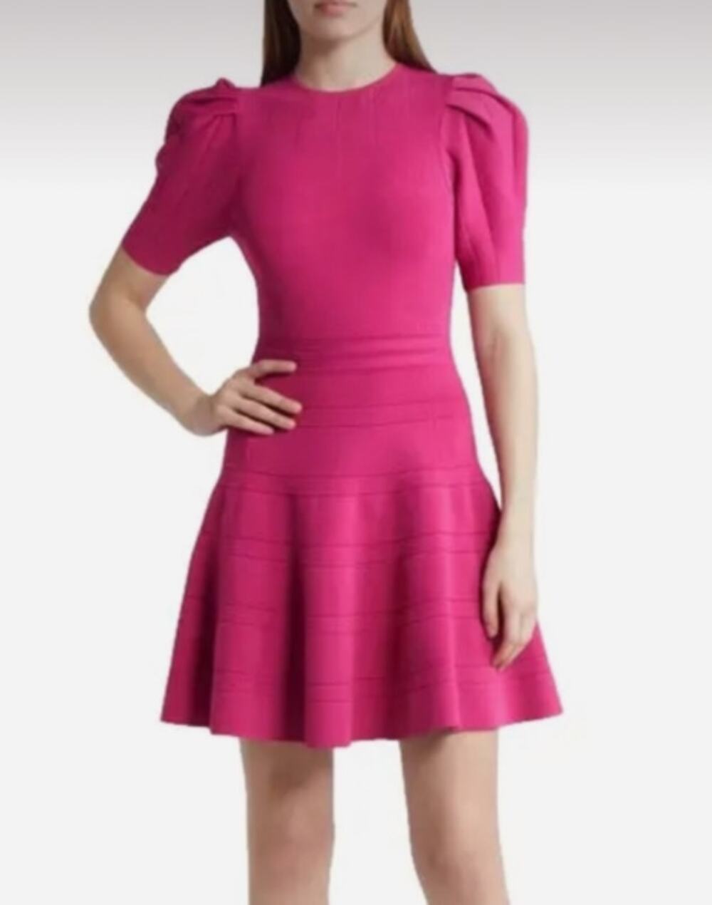 TED BAKER Velvey Pink Puff Sleeve Dress Size 12 Large Fit & Flare